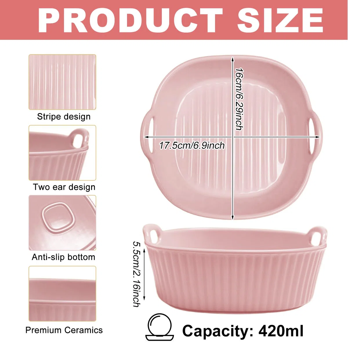 Cazuela redonda de cerámica, para freidora de aire caliente, 17,5 x 16 x 5,5 cm, para lasaña, molde redondo para lasaña, patatas fritas, sopa (rosa claro)