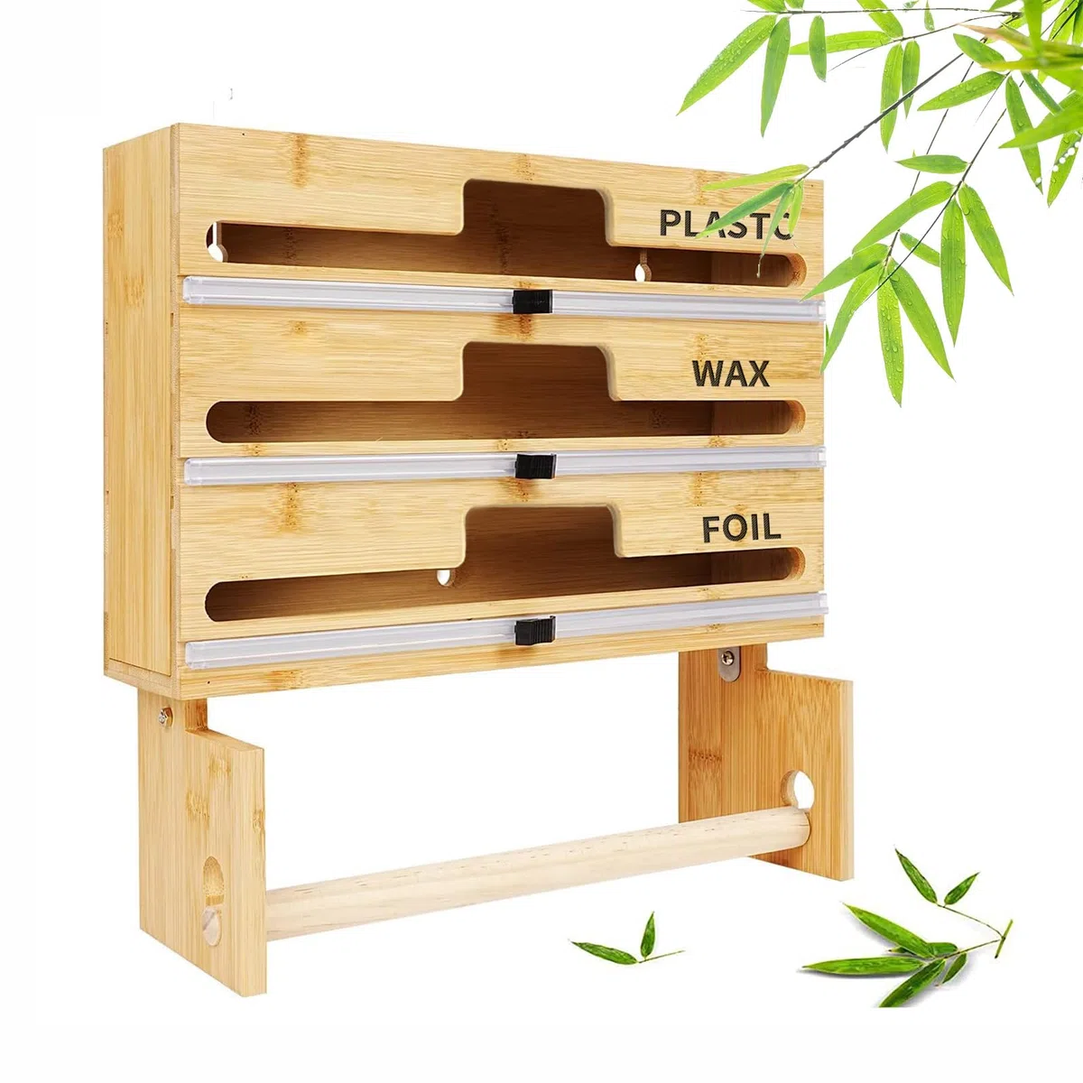 Dispensador de papel de plástico con cortador, organizador 4 en 1 para papel de aluminio, papel y toalla de papel, almacenamiento de bambú para rollos de 12 pulgadas