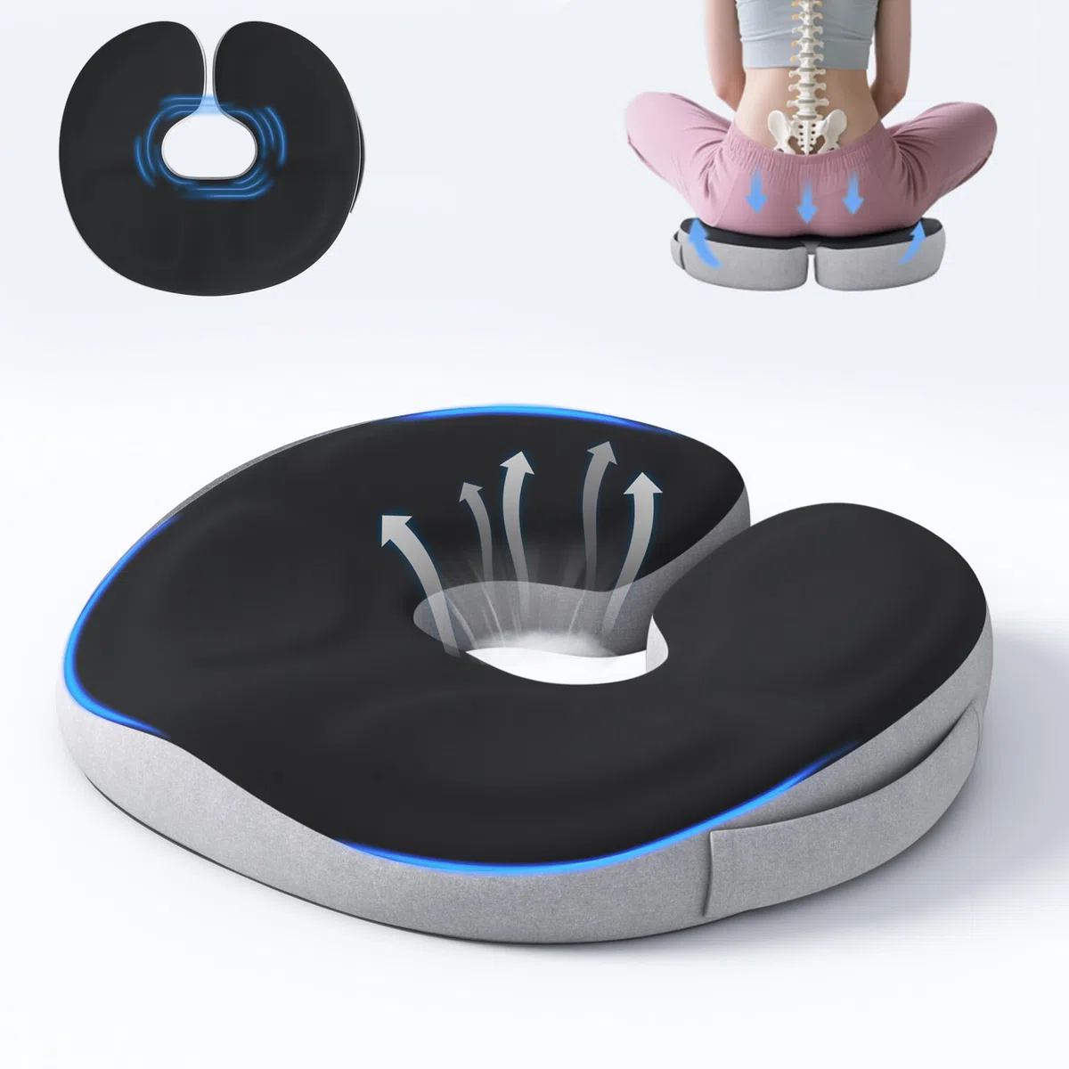 Cojín Ortopédico de Espuma Viscoelástica para Coxis, Dona para Alivio de Hemorroides, Ciática, Dolor Lumbar, Embarazo y Posparto, Funda Lavable Antideslizante (Negro)