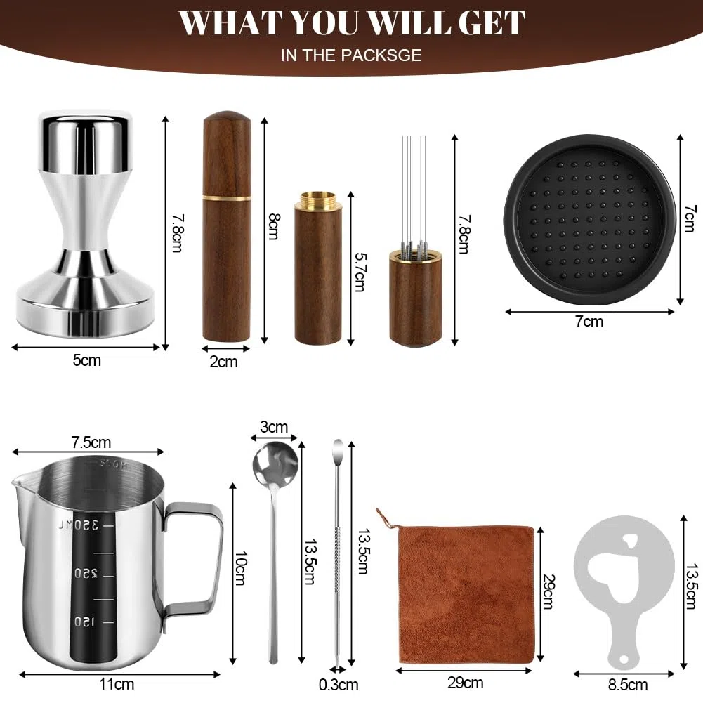 Vicloon Juego Café Tamper, 51mm Prensador Café 304 Acero Inoxidable 23 Piezas Profesional con Jarra de Leche 350 ml Agitador Aguja Plantillas Lápiz para Arte Latte Cuchara Toalla de Barista Tapete