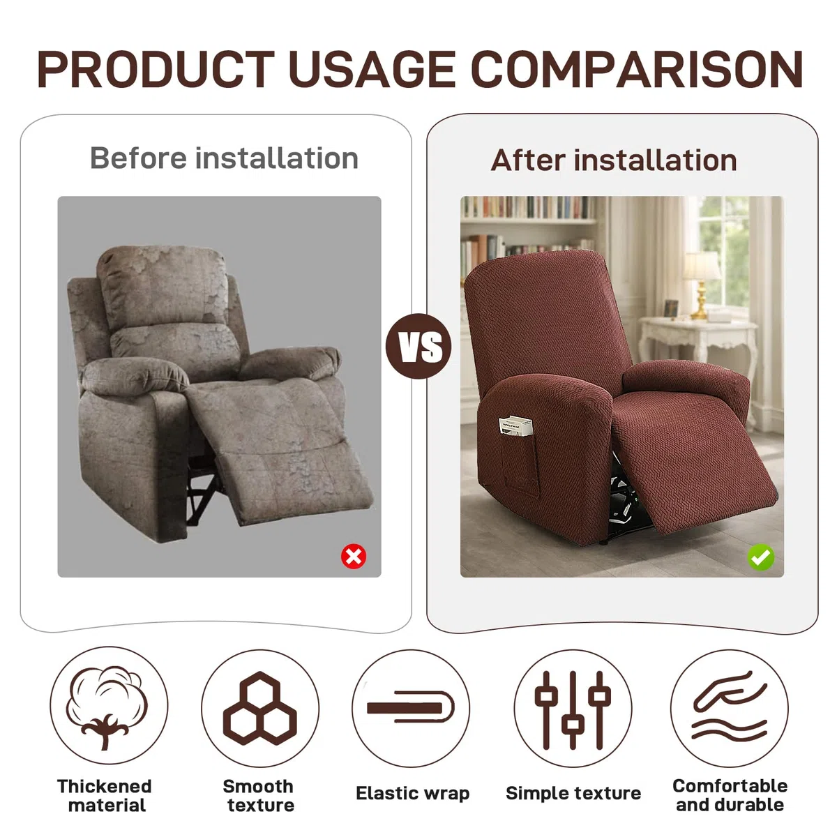 MeYuxg Funda Sillon Relax Reclinable, 4 Piezas Funda Butaca 1 Plaza Elástica Antideslizante, con Protectores para Reposabrazos y Bolsillos Laterales (Café Profundo)