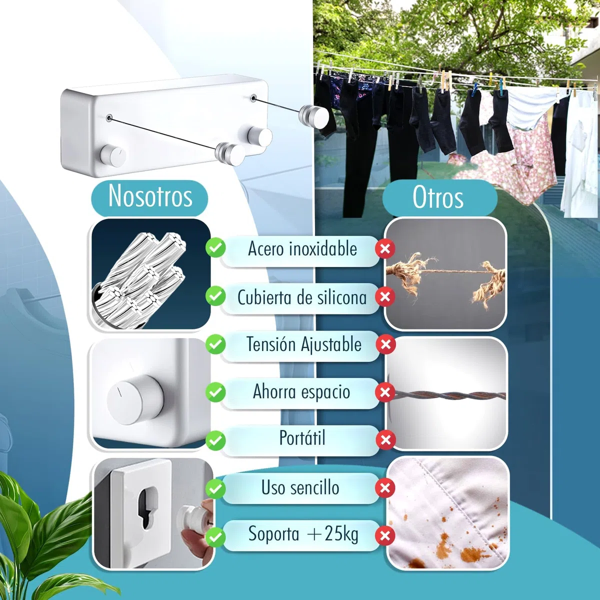 Super Tendedero Retractil Pared | 2 Cuerdas Acero Resistente 5.2m Cada una | Aluminio y PVC Premium | Soporta 25 kg, Tendedero Extensible Pared, 24 Pinzas y Accesorios | Blanco Minimalista