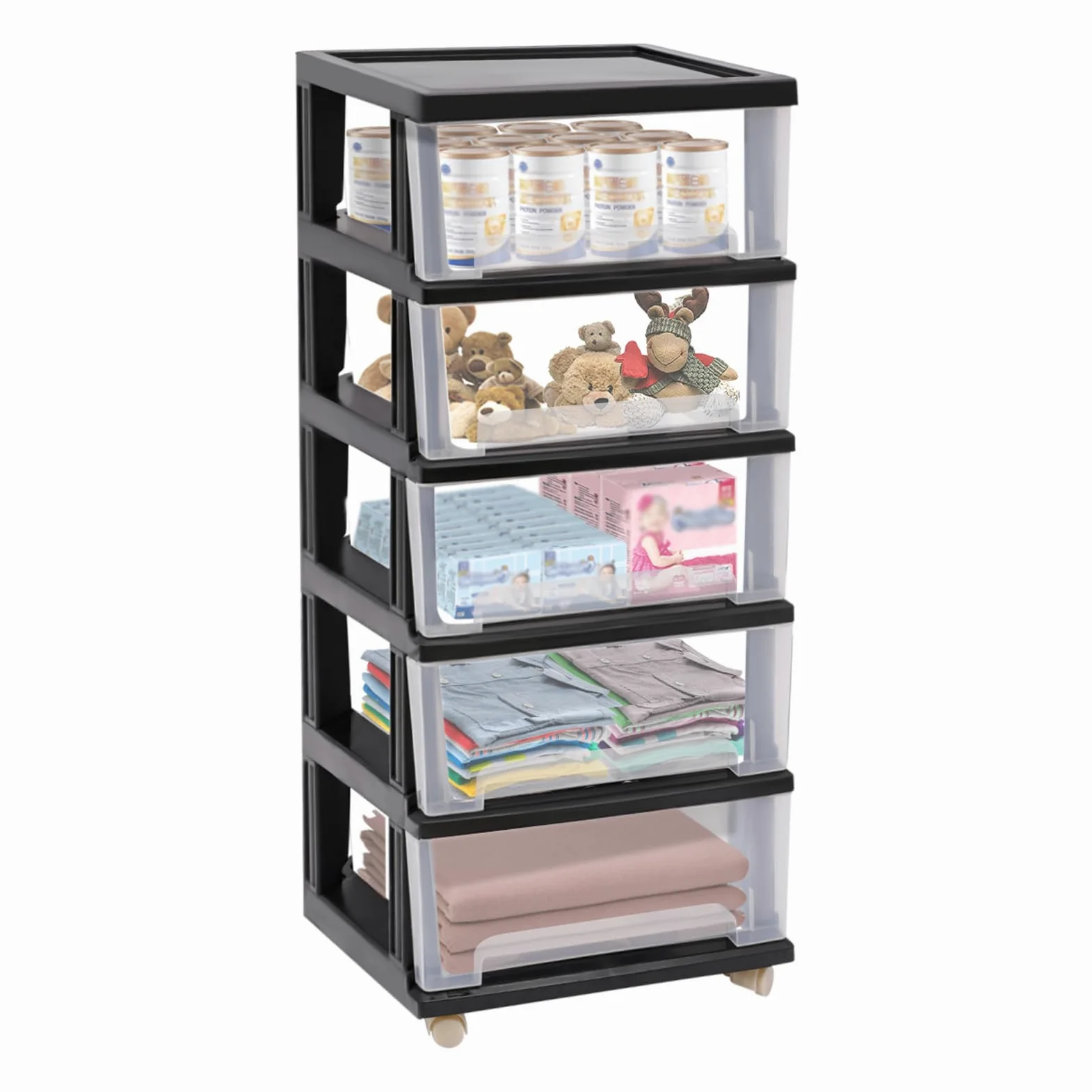 Torre de almacenamiento 5 cajones 40 cm negro, mueble de plástico con ruedas | 5 cajones, 40 x 33 x 98 cm, PP negro, transparente, ruedas, sin BPA, para A4