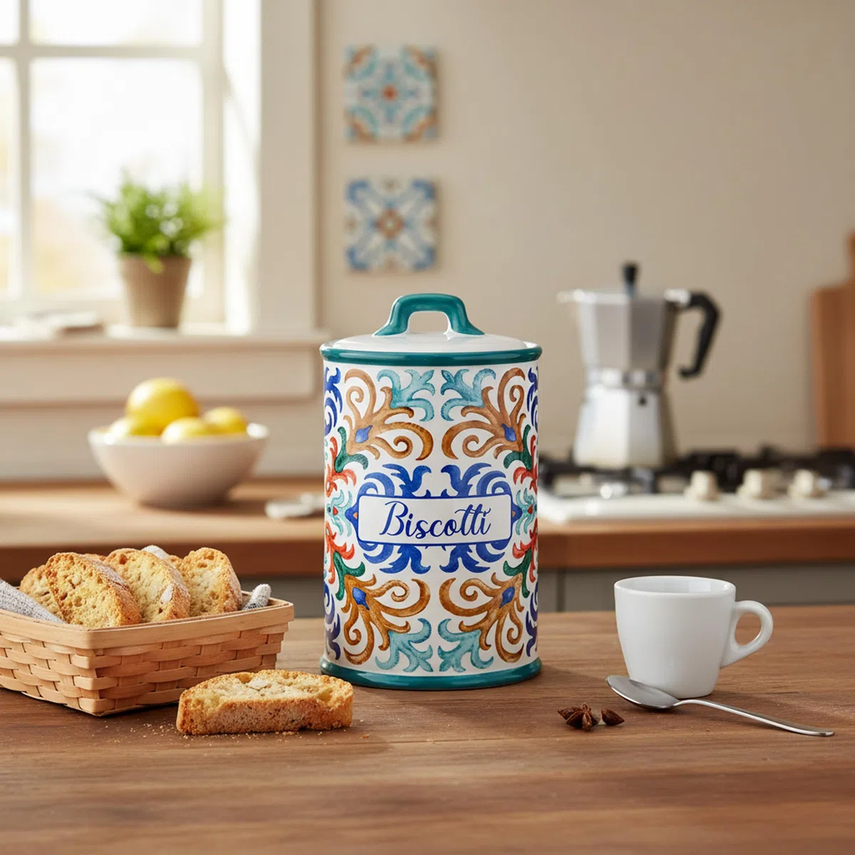 Baroni Home Bote de Cerámica Decorado para Galletas, Recipiente de Cocina con Tapa Hermética para Conservar el Aroma, Portacebollas en Polvo de Calidad, Línea Capri, 13x13x20 cm