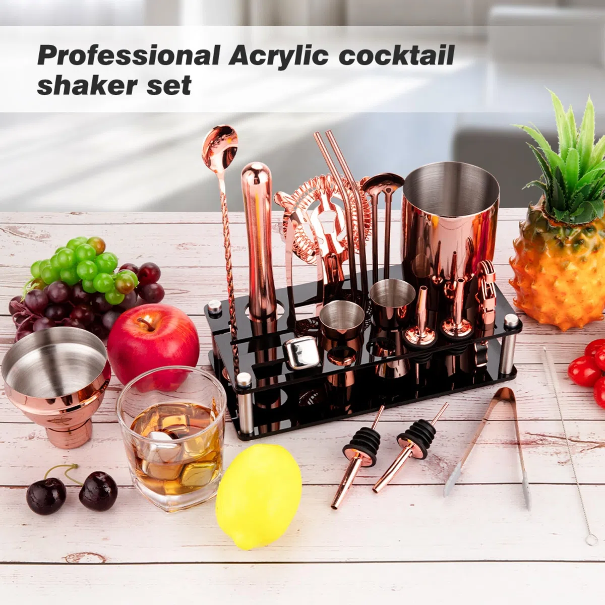 KinGrow Juego de coctelera de 23 Piezas con Soporte acrílico y folleto de Recetas de cócteles, Herramientas Profesionales de Bar para Mezclar Bebidas, hogar, Bar, Fiesta (Incluye 4 Piedras de Whisky)