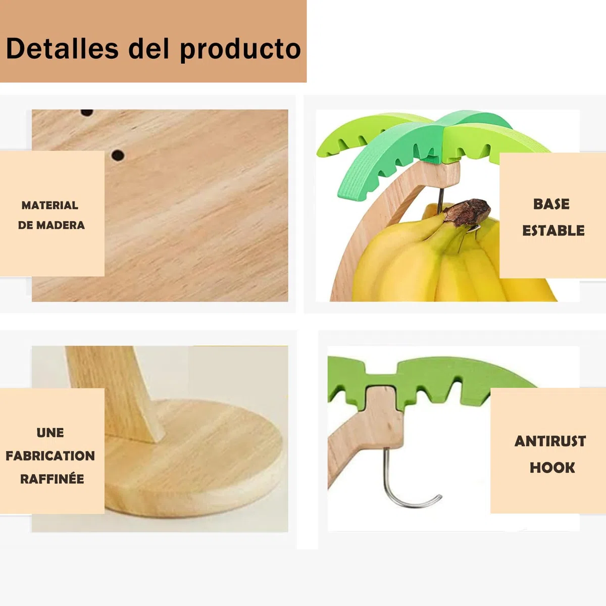 Soporte para Plátanos， Soporte para con Gancho de Acero Inoxidable Duradero, de Plátanos de Madera， de Organizador de Frutas para Hogar y Duradero y Ligero para Bananas y Otro