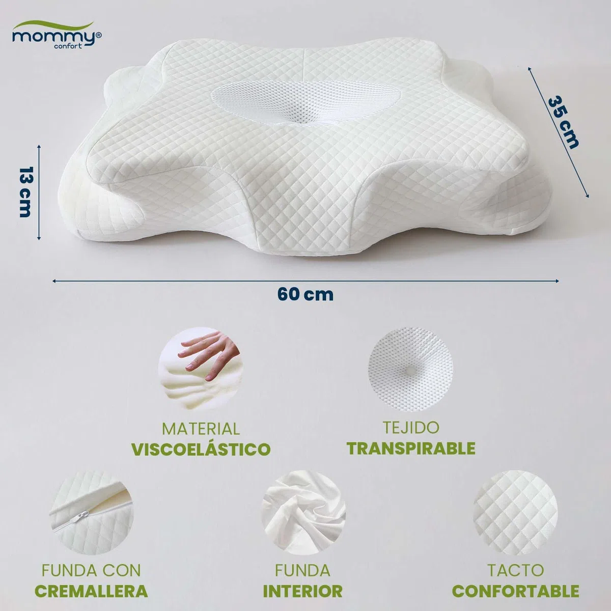 Almohada Cervical Viscoelástica Ergonómica 60x35 Firme Antironquidos Soporte Cuello y Hombros Lavable Transpirable Dormir Mejor Dolor Cervical Mariposa Oeko Tex Salud y Descanso