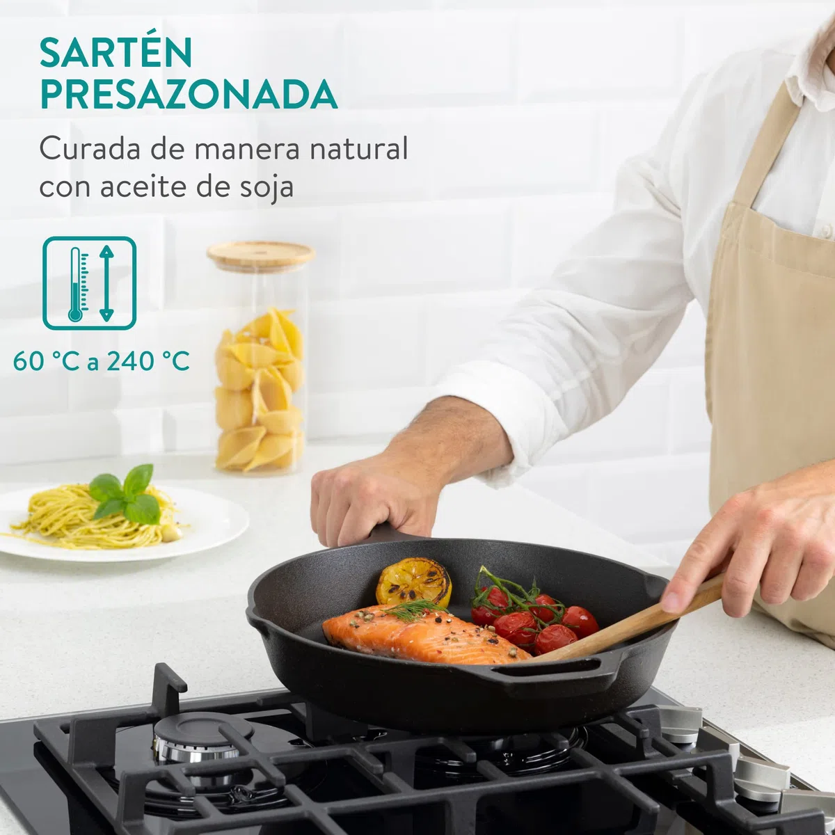 Navaris Sarten Hierro Fundido Induccion 30 cm - Sartenes de Hierro Fundido Induccion Vitrocerámica Horno Barbacoa Cocina de Gas - Sartén Antiadherente 30 cm con 2 Asas - Cast Iron Pan