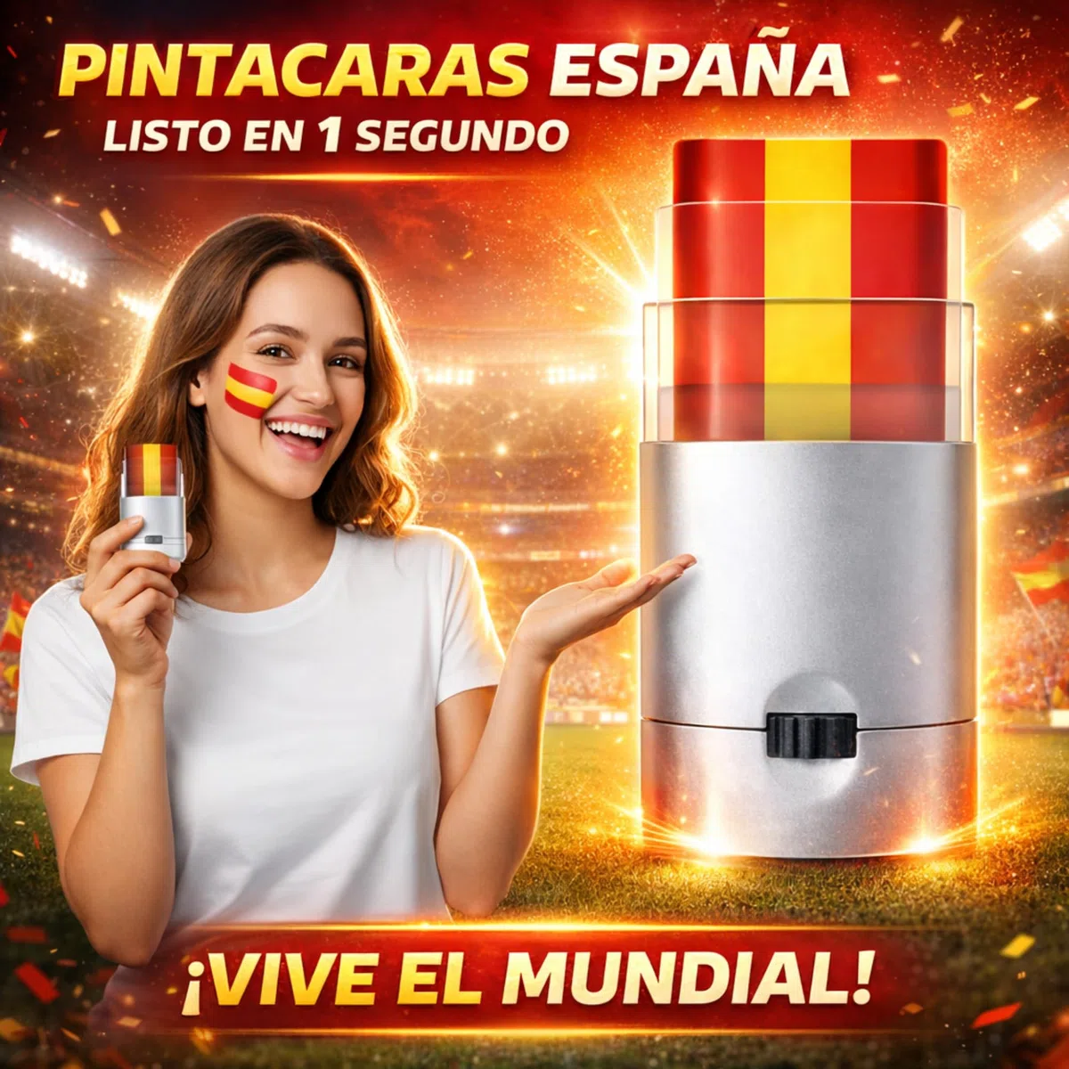 Bandera España 140x90 cm, Guirnalda 4 m, Bandera de Mano y Pintacaras, Accesorios Afición Pack España Completo
