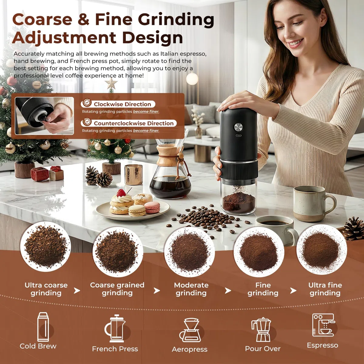Molinillo de Café Eléctrico, USB Rechargeable Molinillo de Cafe con Mecanismo de Cerámica, Grosor Ajustable Moledor de Cafe Portátil Molino Café Expreso Eléctrico para Hogar, Oficina