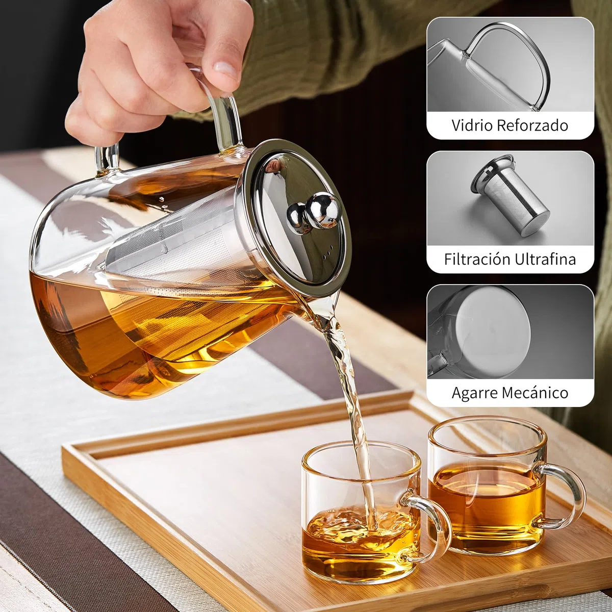 MESNEY Tetera de vidrio de borosilicato con mango resistente al calor, infusor de malla de acero inoxidable, apta para hojas sueltas y té floreciente