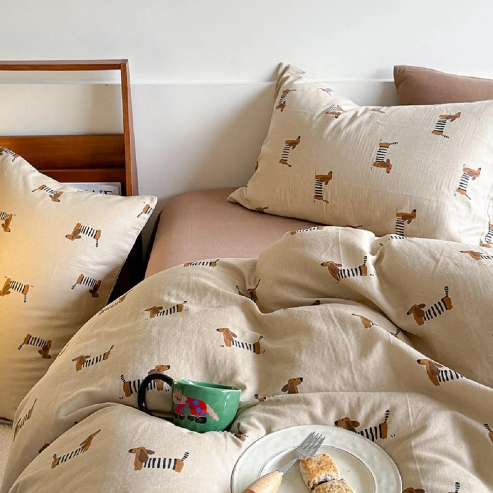 Lanqinglv Ropa y cama de 220 x 240 cm para niña, perro salchicha, marrón claro, marrón, ropa de cama infantil de microfibra, juego con certificado Öko-Tex, funda nórdica