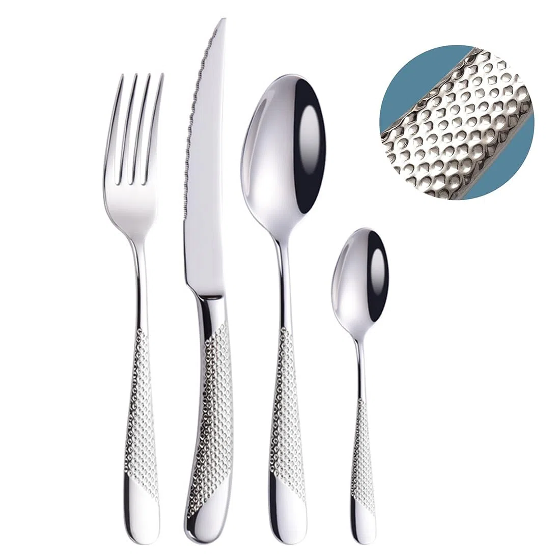 VIQWYIC Juego de cubiertos de 24 piezas, cubiertos martillados, cuchillo de acero inoxidable, tenedor, cuchara, juego de cubiertos para 6 personas, modernos cubiertos de plata para