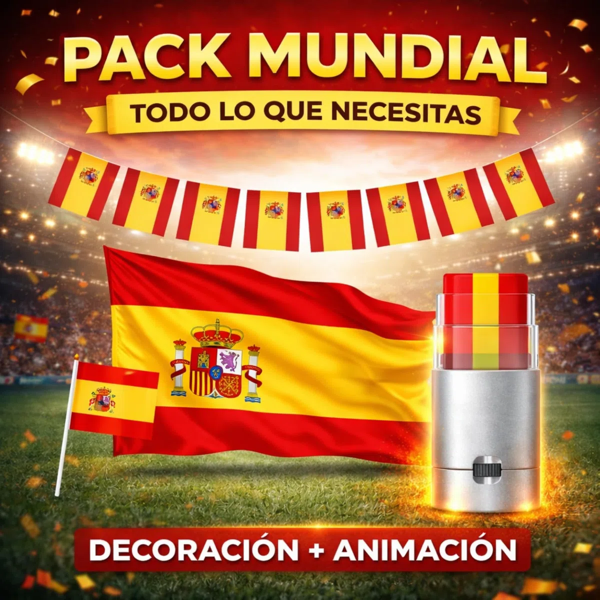 Bandera España 140x90 cm, Guirnalda 4 m, Bandera de Mano y Pintacaras, Accesorios Afición Pack España Completo