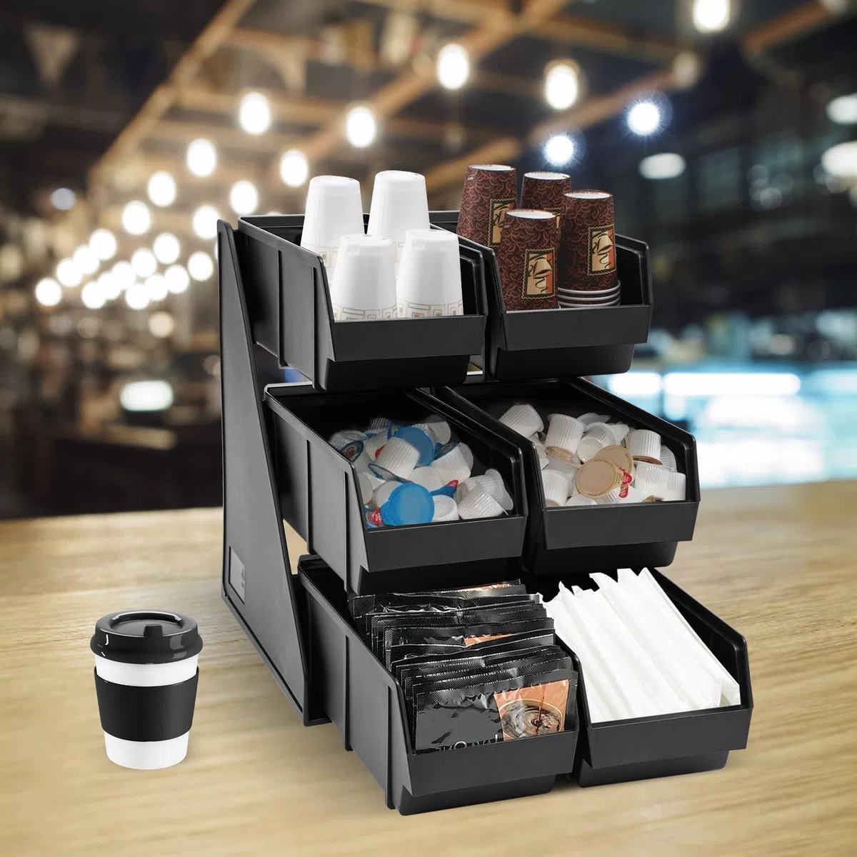 Soporte Organizador de condimentos de 3 Niveles con 6 Compartimentos para condimentos, Sobres de Salsa y café, de plástico Negro. Organizador de Almacenamiento para Bar, Restaurante, cafeter