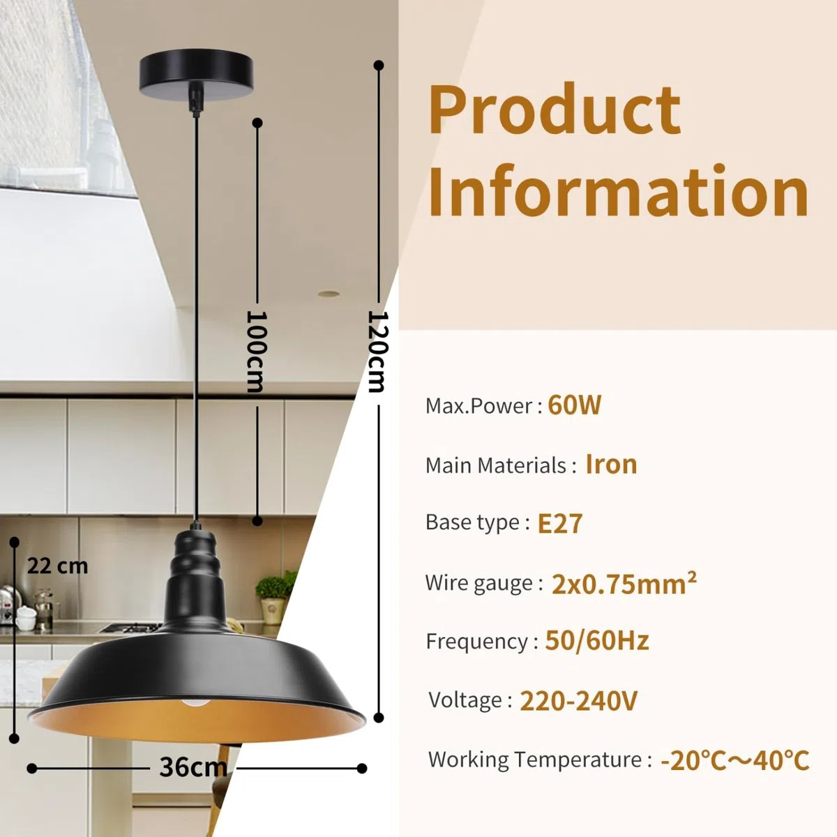 Aigostar Lámpara de techo Metal Lámpara Colgante negro y oro hemisférico E27 Industrial Estilo moderno para decorar el salón， pasillo， dormitorio， comedor etc