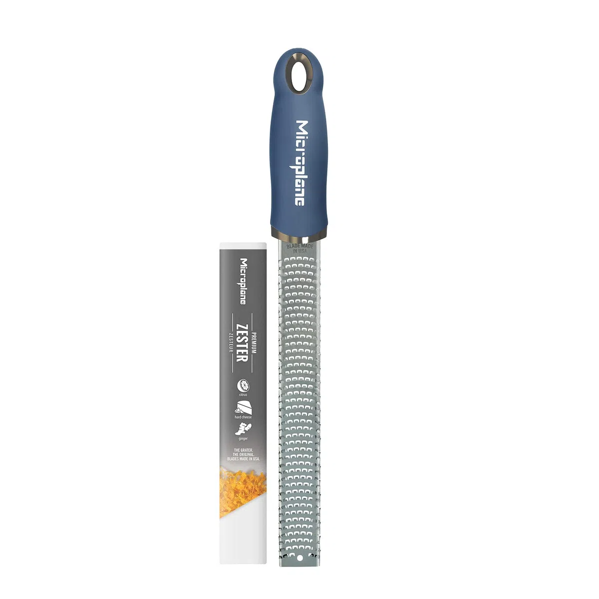 Microplane Zester - Rallador de cocina en Azul Mezclilla para cítricos, parmesano, jengibre, chocolate y nuez moscada con hoja fina de acero inoxidable. Fabricado en Estados Unidos