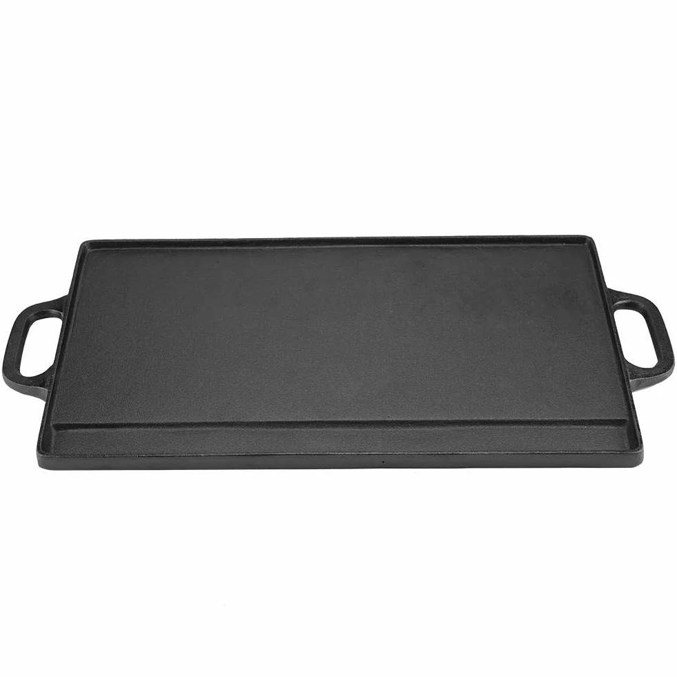 Plancha Hierro Fundido Antiadherente Doble Cara Reversible Dos Asas, para Barbacoa Parrilla Gas Carbón, Uso Horno Fuego Abierto 50.5x23.5x1.4cm
