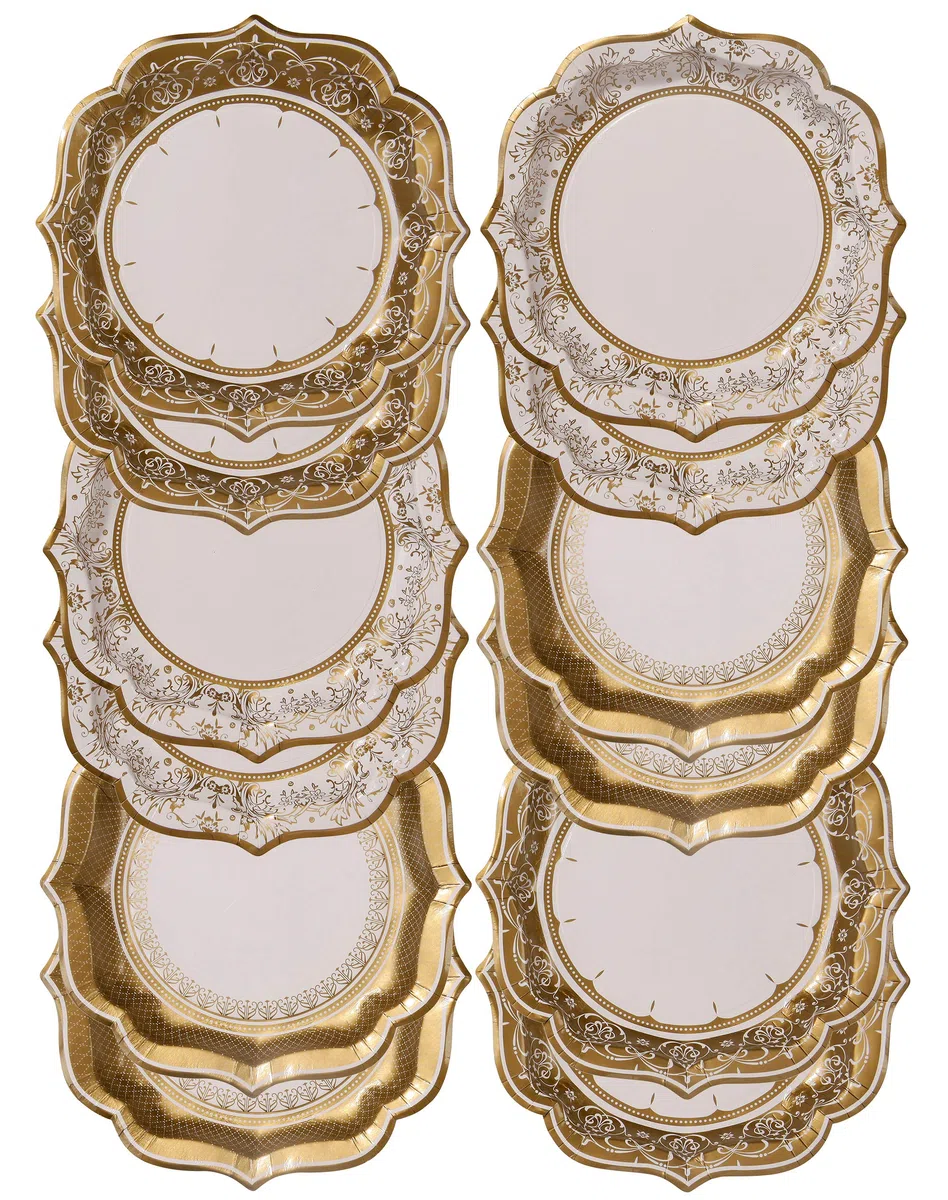 Talking Tables platos medios vintage ‘Party Porcelain Gold.’ Oro y blanco. Cartón. Paquete de 12.