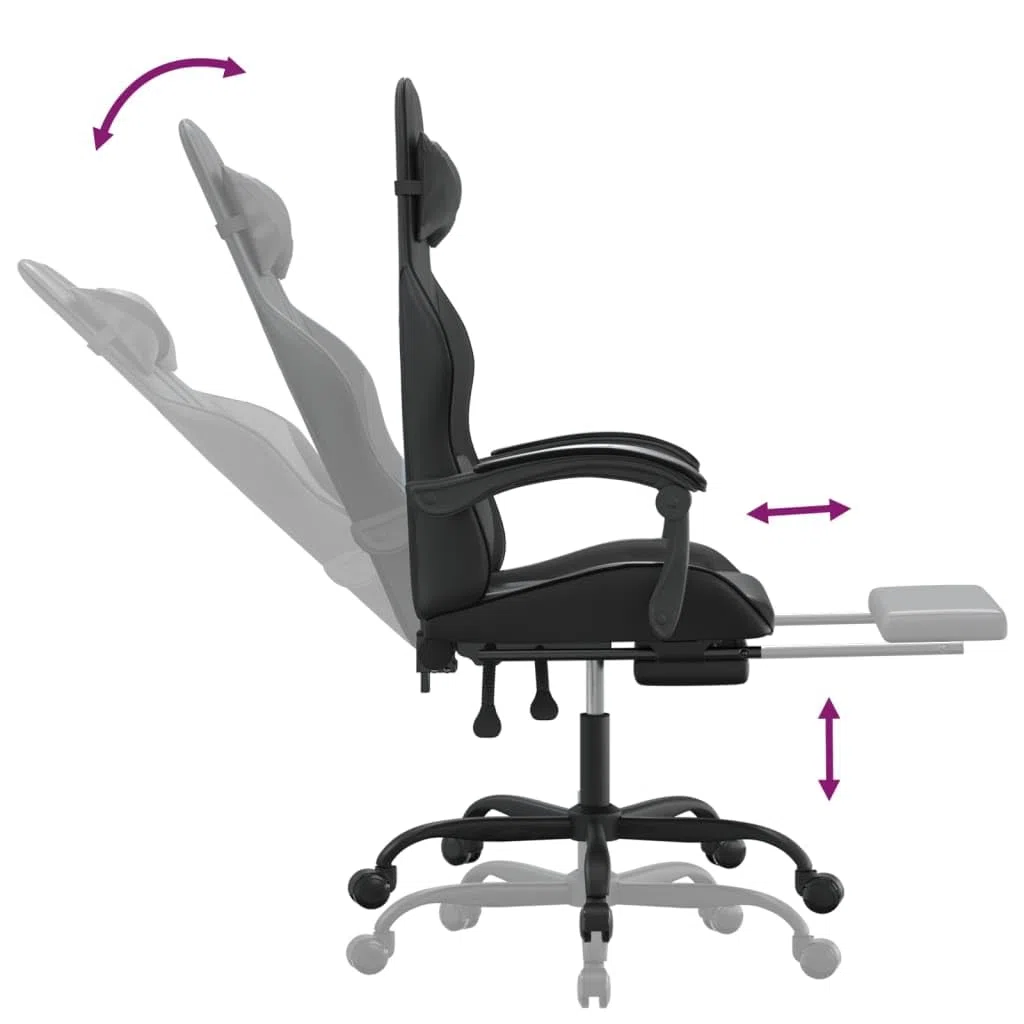 Silla para videojuegos con reposapiés y ruedas, piel sintética, ergonómica, altura regulable, giratoria, con reposabrazos y cojín lumbar para oficina, oficina en casa y comodidad para jugar