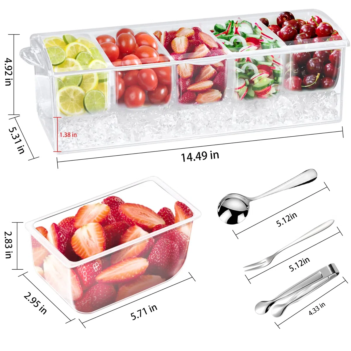 Bandeja de condimentos con vajilla de acero inoxidable, servidor de condimentos refrigerados | Accesorios de barra con 5 cucharas, 5 tenedores y 1 clip con bandejas extraíbles y tapa