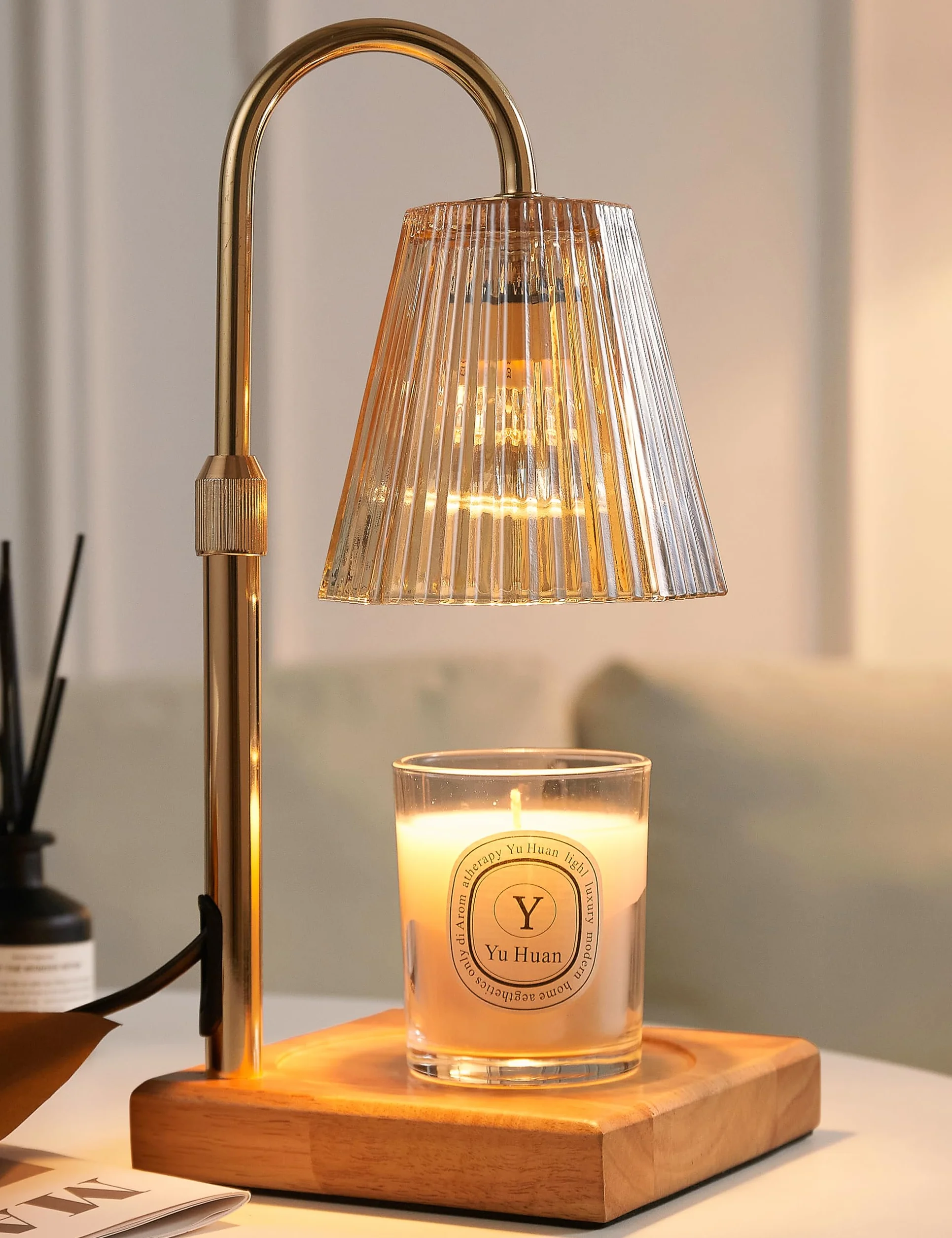 Lámpara calentadora de Velas con Temporizador, Calentador Regulable para Velas en Frasco, Calentador de Cera de Altura Ajustable con 2 Bombillas