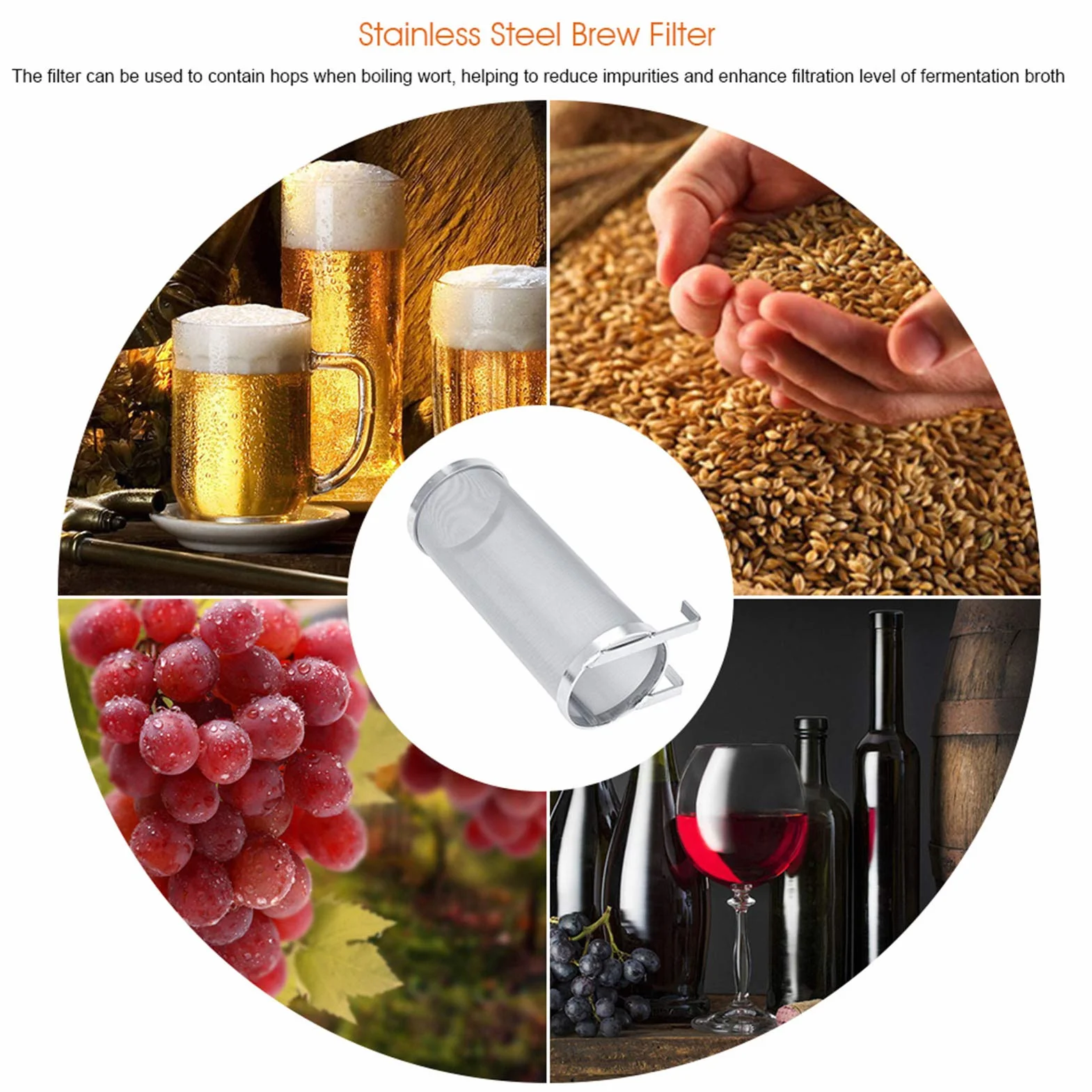 Filtro de elaboración de Cerveza, Acero Inoxidable de 300 micras, colador de lúpulo de Cerveza casero con Gancho para Equipo de Barril de hervidor de elaboración (10 * 25,5 cm)