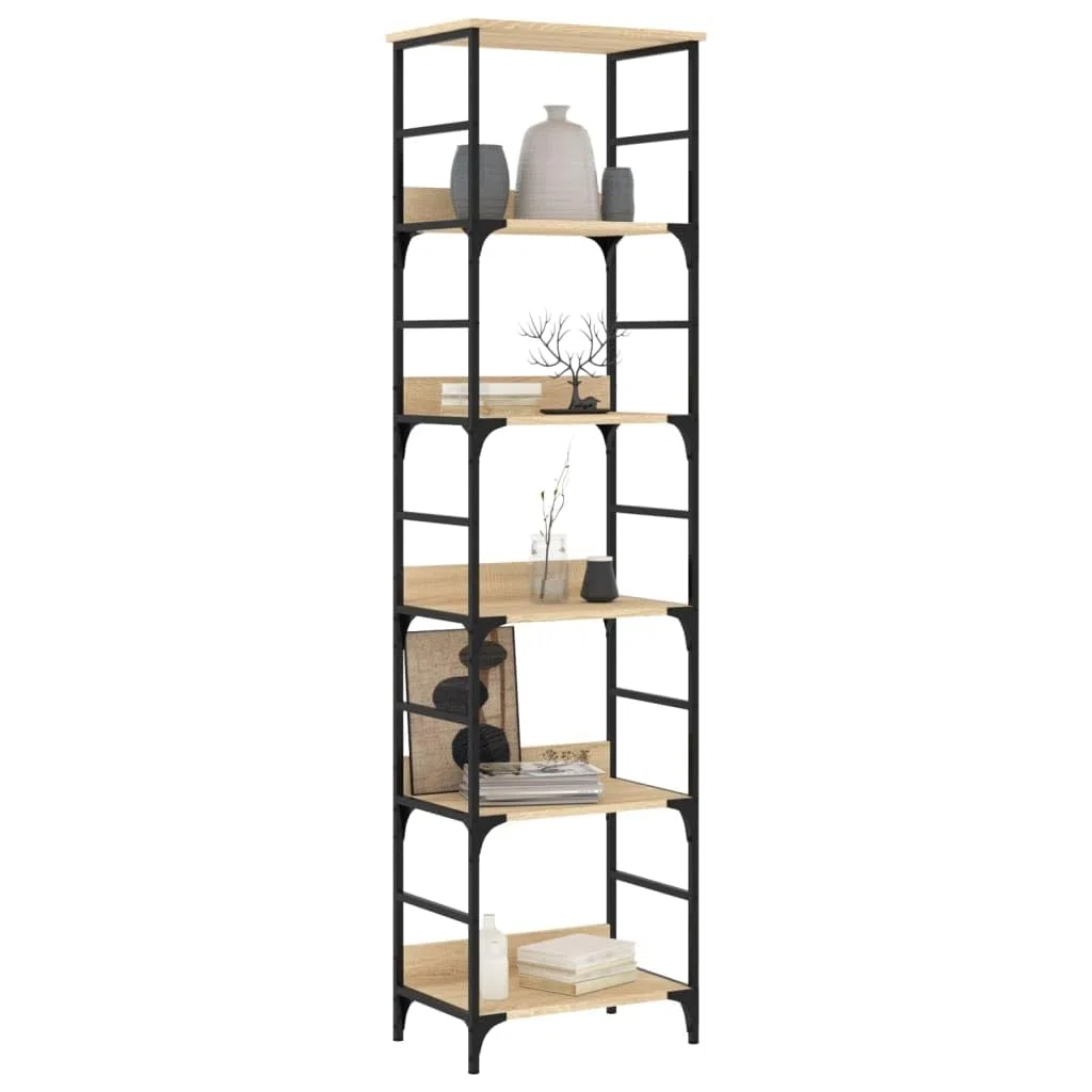 Estantería de madera de roble Sonoma, 50 x 33 x 188,5 cm, madera y acero, estilo industrial con 5 compartimentos, fijada a la pared para salón, oficina y pasillo