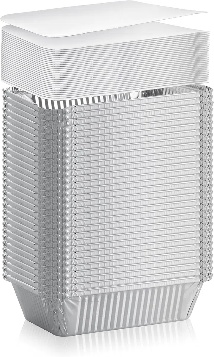 50 HEAVY DUTY desechables rectangular de aluminio sartenes de aluminio con tapa cubre | 100% reciclable lata bandeja de almacenamiento de alimentos | extrasturdy recipientes para cocinar, hornear,