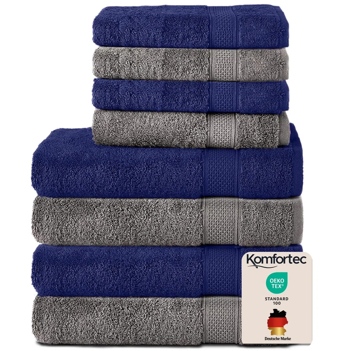 Komfortec Juego de 8 Toallas 100% Algodón – 4 Toallas de Baño 70 x 140 cm y 4 Toallas de Lavabo 50 x 100 cm – Juego de Toallas Suaves y Absorbentes – Antracita/Azul Marino