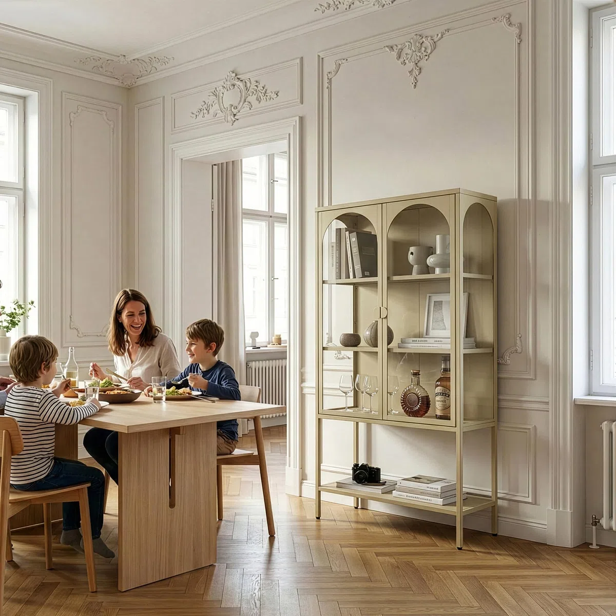 [en.casa] Vitrina Klippestad Aparador Alto 1 con Estante Inferior 2 Puertas de Cristal Transparente 3 Compartimentos Cerrados Mueble Auxiliar para Cocina Comedor Oficina Acero 160 x 80 x 35 cm - Camel