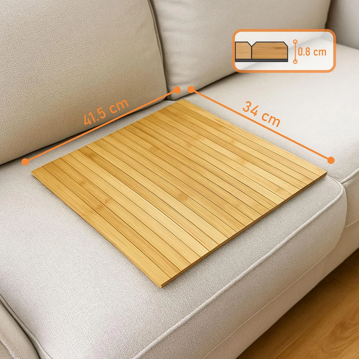 Bandeja para sofá – Organizador de reposabrazos de bambú Flexible, Base Antideslizante, 41,5 x 34 cm, Color Madera Natural, Caja de Regalo
