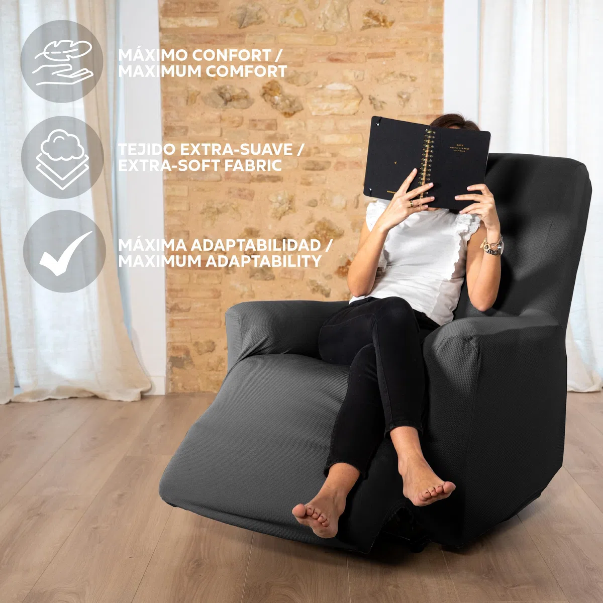 Textilhome Funda Sillón Relax Reclinable Elástica TEIDE, 1 Plaza de 70 a 100 cm, Protector Universal Ajustable con Espuma Antideslizante, Color Gris, Lavable y Resistente.