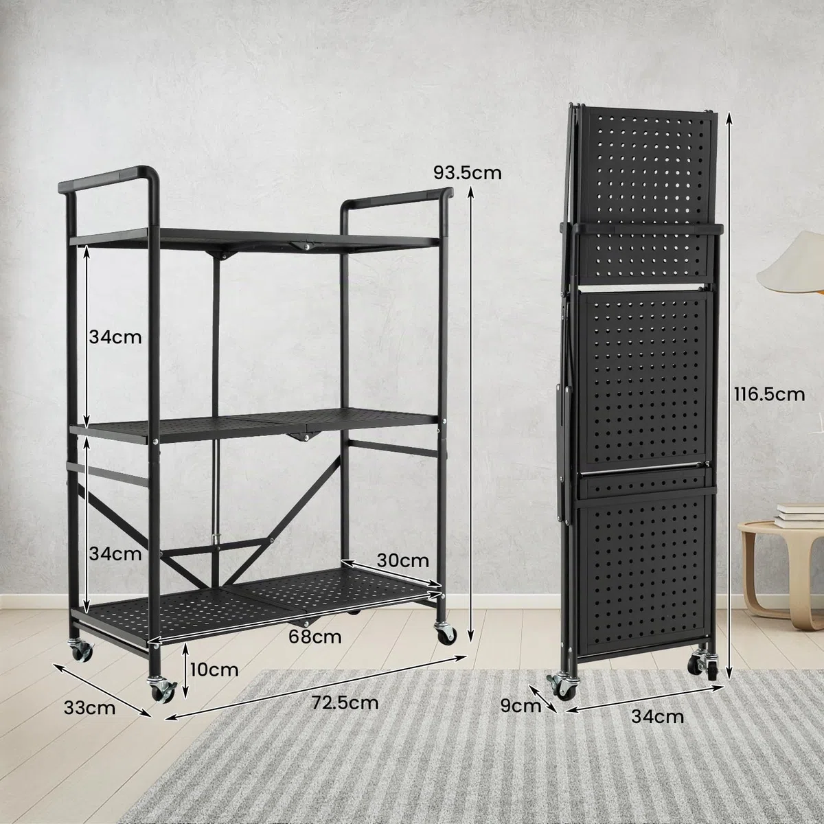 KOMFOTTEU Carrito de Cocina Plegable de 3 Niveles, Carro Auxiliar de Metal, Estantería para Microondas con Ruedas, Carro de Servicio, Carro de Almacenaje para Salón, Pasillo, 73 x 33 x 94 cm, Negro
