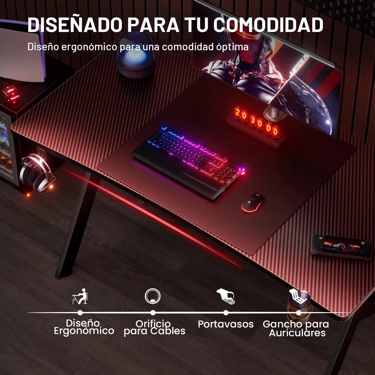 HLFURNIEU Mesa Gaming 120 x 60 cm, Escritorio Gaming Ergonómica, Mesa Gamer de Fibra de Carbono, Mesa para Ordenador con Portavasos y Gancho para Auriculares, Negro