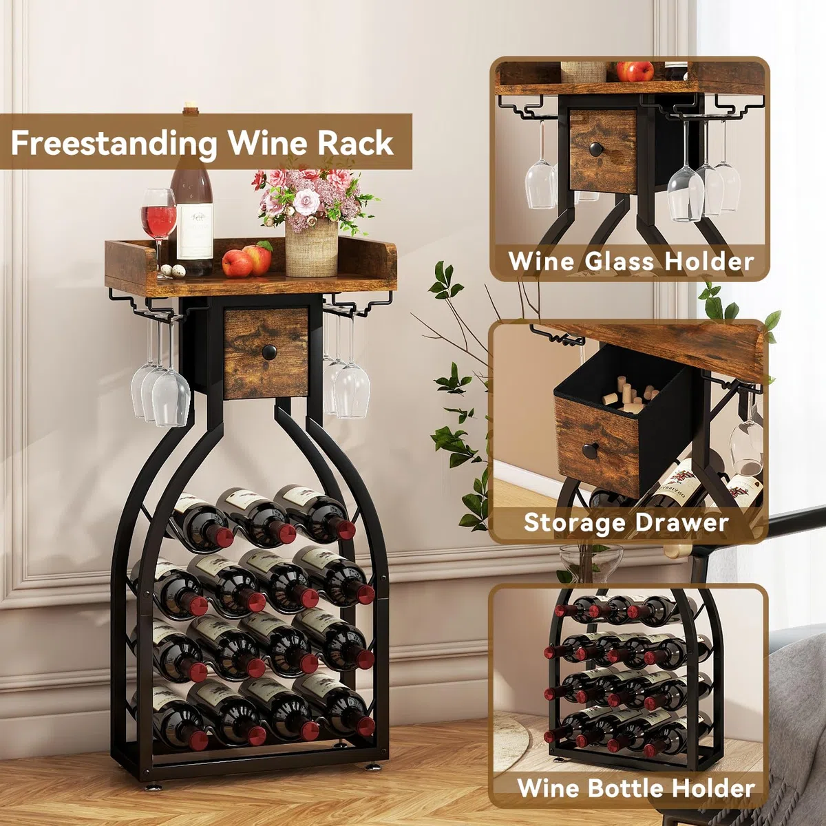 Botellero independiente IBUYKE para 15 botellas, con soporte de cristal y cajón de almacenamiento, mini estantería, para cocina, bar y comedor, marrón rústico TMJ908H