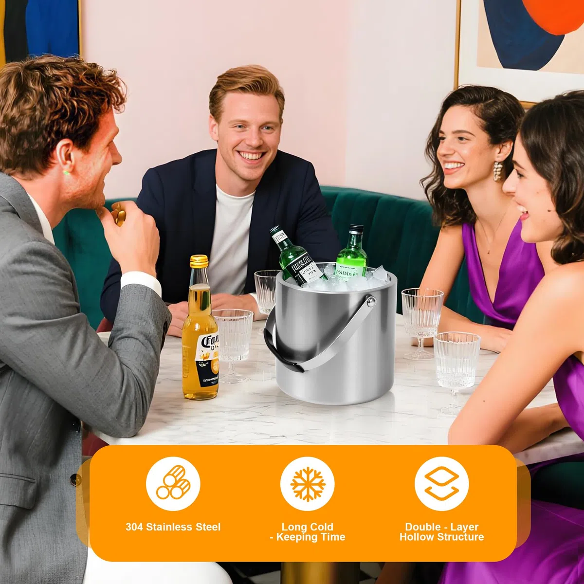 3litros Cubitera de Acero Inoxidable de con Clips y Colador,Cubeta para Hielo con Aislamiento de Doble Pared,para Fiestas, Ares, vinos refrigerados, Champán, Cerveza, Cócteles