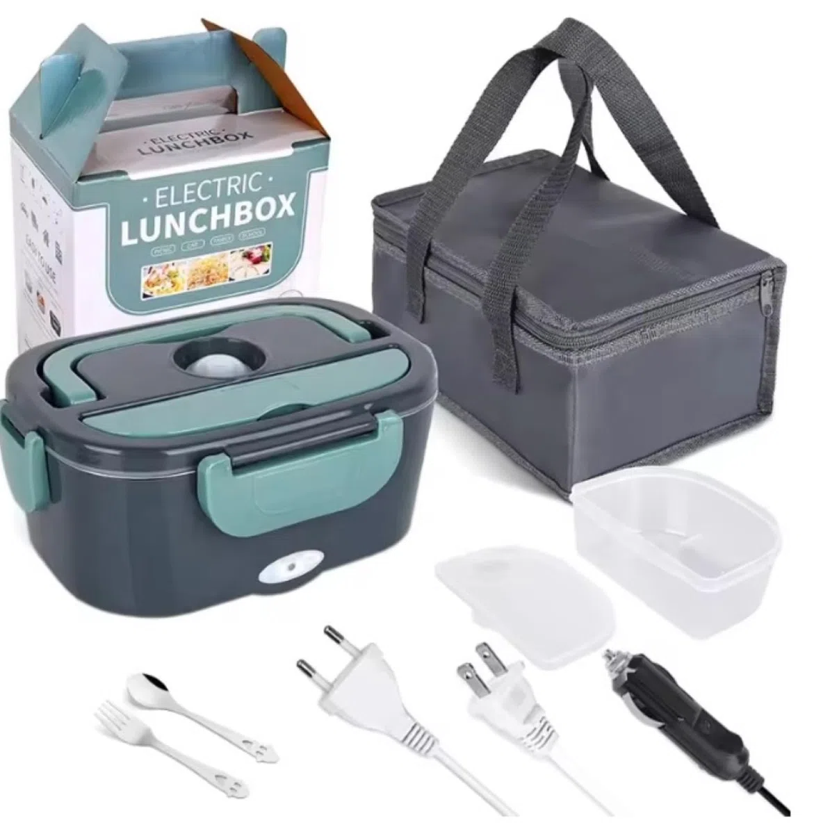 Genérico Fiambrera Electrica 4 en 1 12V/24V/220V~240V Calentador de Comida Portatil con Termo para Coche Camión y Trabajo 1.5L 60W en Acero Inoxidable con Tartera Bolsa Térmica y Juego de Cubiertos