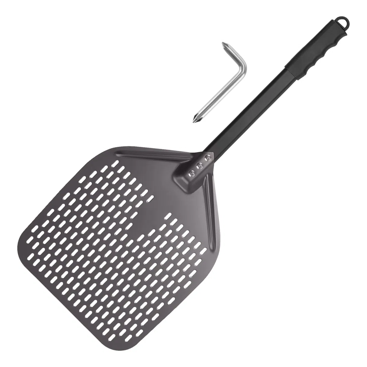 Pala para pizza perforada de 30 x 39 cm, pala de aluminio para pizza, pala de pizza negra con mango largo, superficie grande y mango extraíble