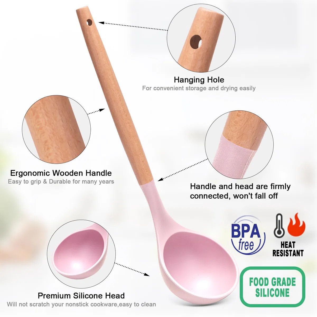 Utensilios Cocina de Silicona, 29 piezas juego de utensilios de cocina de silicona de con soporte para utensilios, mango de madera antiadherente resistente al calor (Rosa)