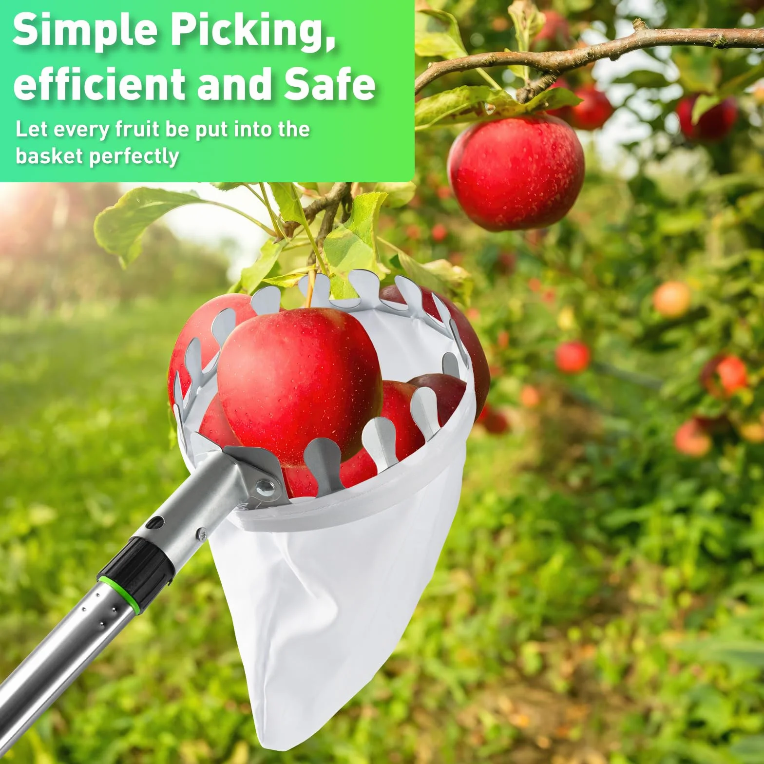 KOMABLEN 4M Recoge Frutas Telescopico, Recogedor de Frutas acero Inoxidable Ligero y bolsa de tela, Recogedor Recolector de Frutas para Manzanas, Naranjas, Peras, cítricos