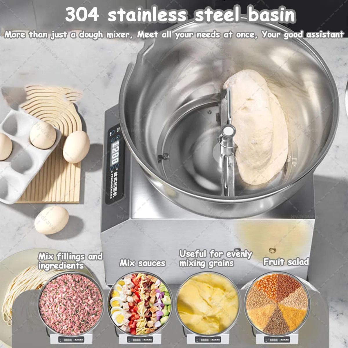 Amasadora Comercial de Acero Inoxidable para panadería, pizzería y Restaurante, con Recipiente de Acero Inoxidable Apto para Uso alimentario, Tapa y Temporizador 5kg