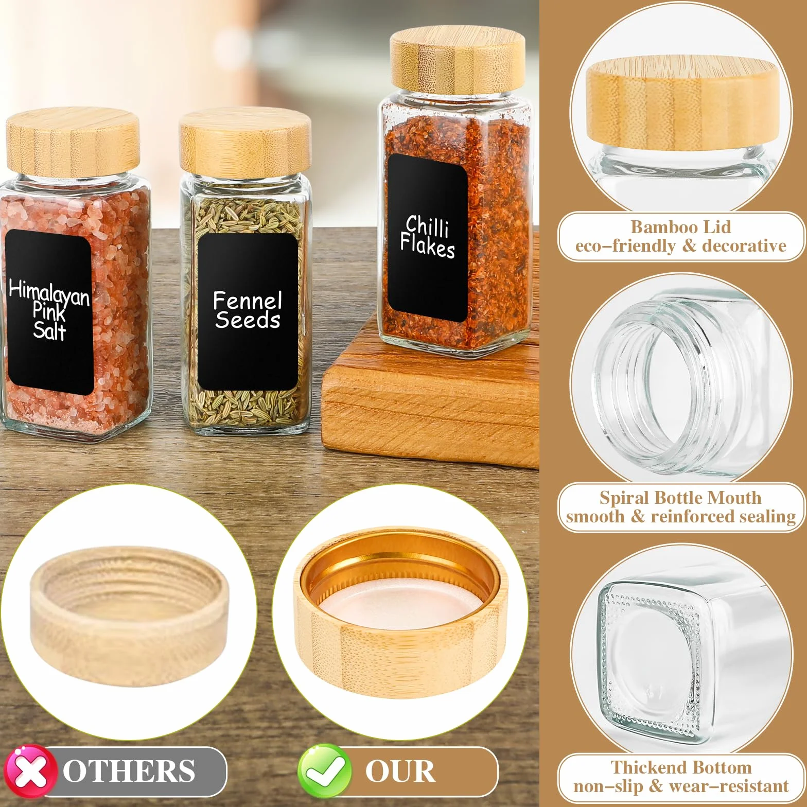 Lannvan Tarros Especias Cristal, 24x120ml, Cuadrados con Tapas de Bambú, Frascos Especiarias con Tamiz, Etiquetas, Cepillo, Embudo