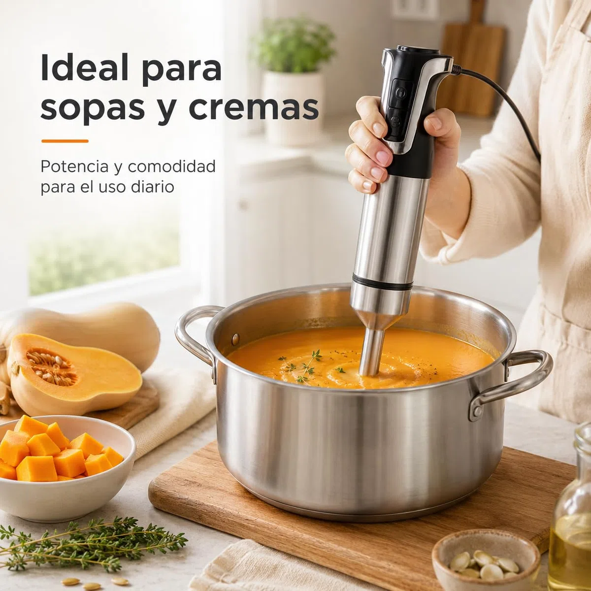 Batidora de Mano 1000W, Batidora Eléctrica con 2 Velocidades y Turbo, Pie Desmontable, Cuchillas de Acero Inoxidable, Diseño Ergonómico, Apta para Lavavajillas, Uso Diario para Sopas Purés y Salsa