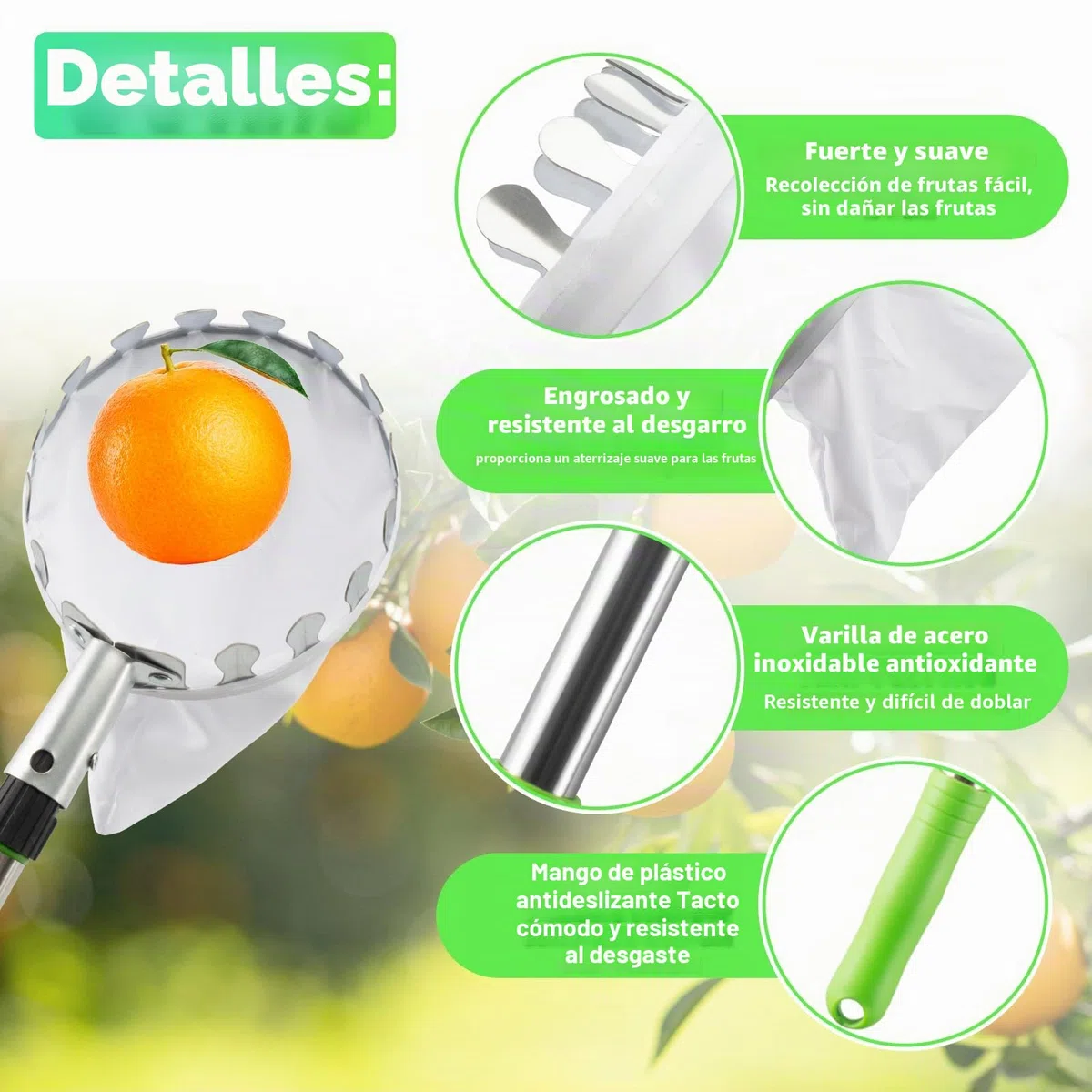 KOMABLEN 4M Recoge Frutas Telescopico, Recogedor de Frutas acero Inoxidable Ligero y bolsa de tela, Recogedor Recolector de Frutas para Manzanas, Naranjas, Peras, cítricos