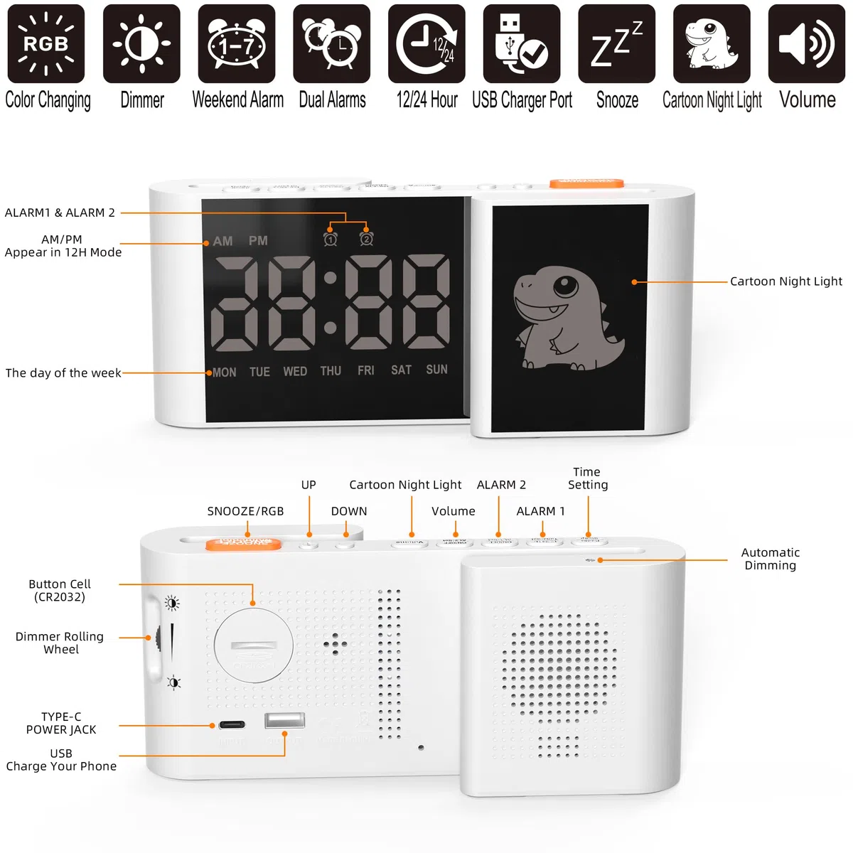 Reloj despertador digital con pantalla RGB, atenuación automática, doble alarma, pantalla semanal, volumen y brillo ajustables, puertos de carga USB, reloj para niños, decoración para