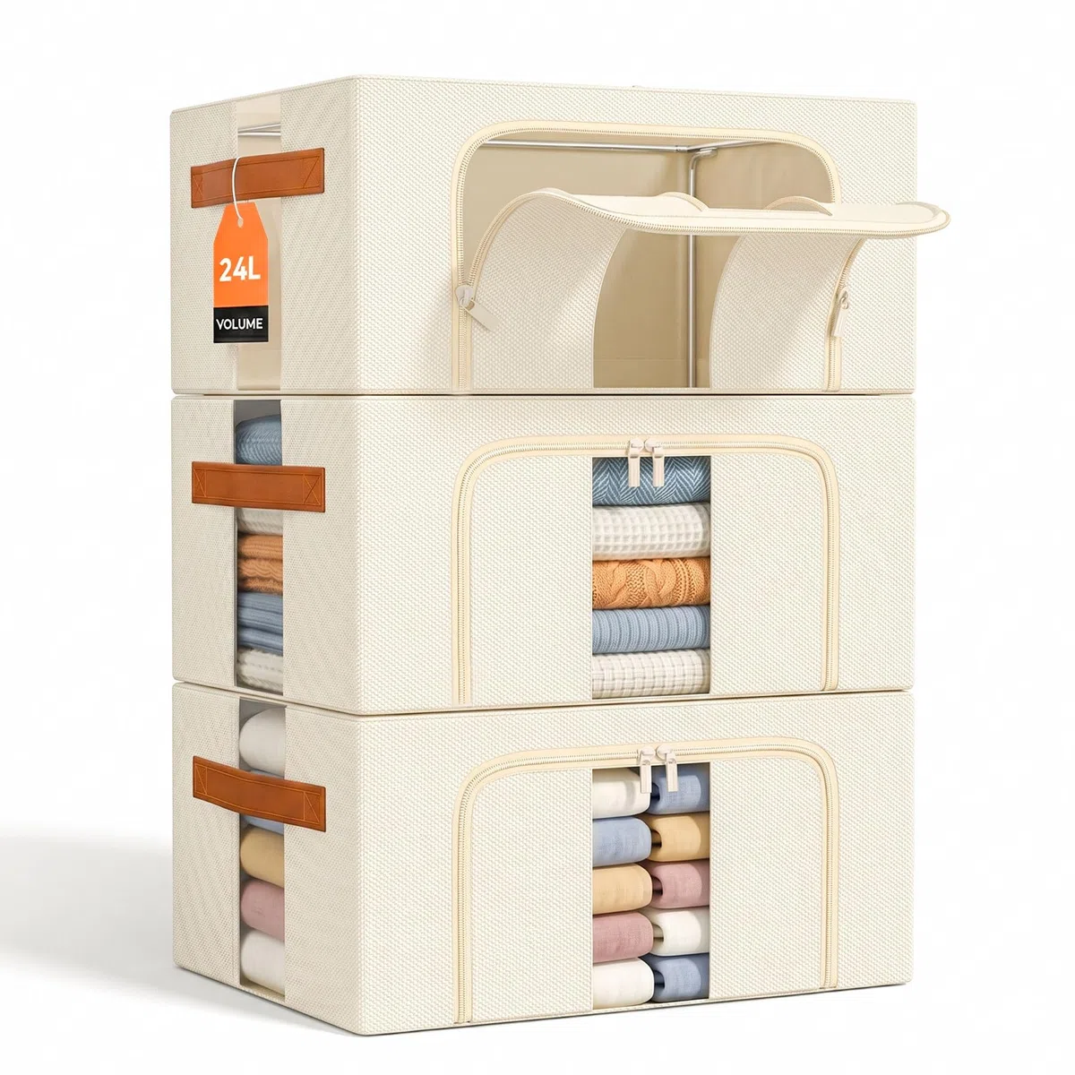 Cajas Almacenaje Ropa Apilables: Caja Plegable con Estructura Metálica para Guardar Ropa Tela, Fundas y Bolsas en Armario y Debajo de las Cama (Beige 3x24L) 40 x 30 x 20 cm