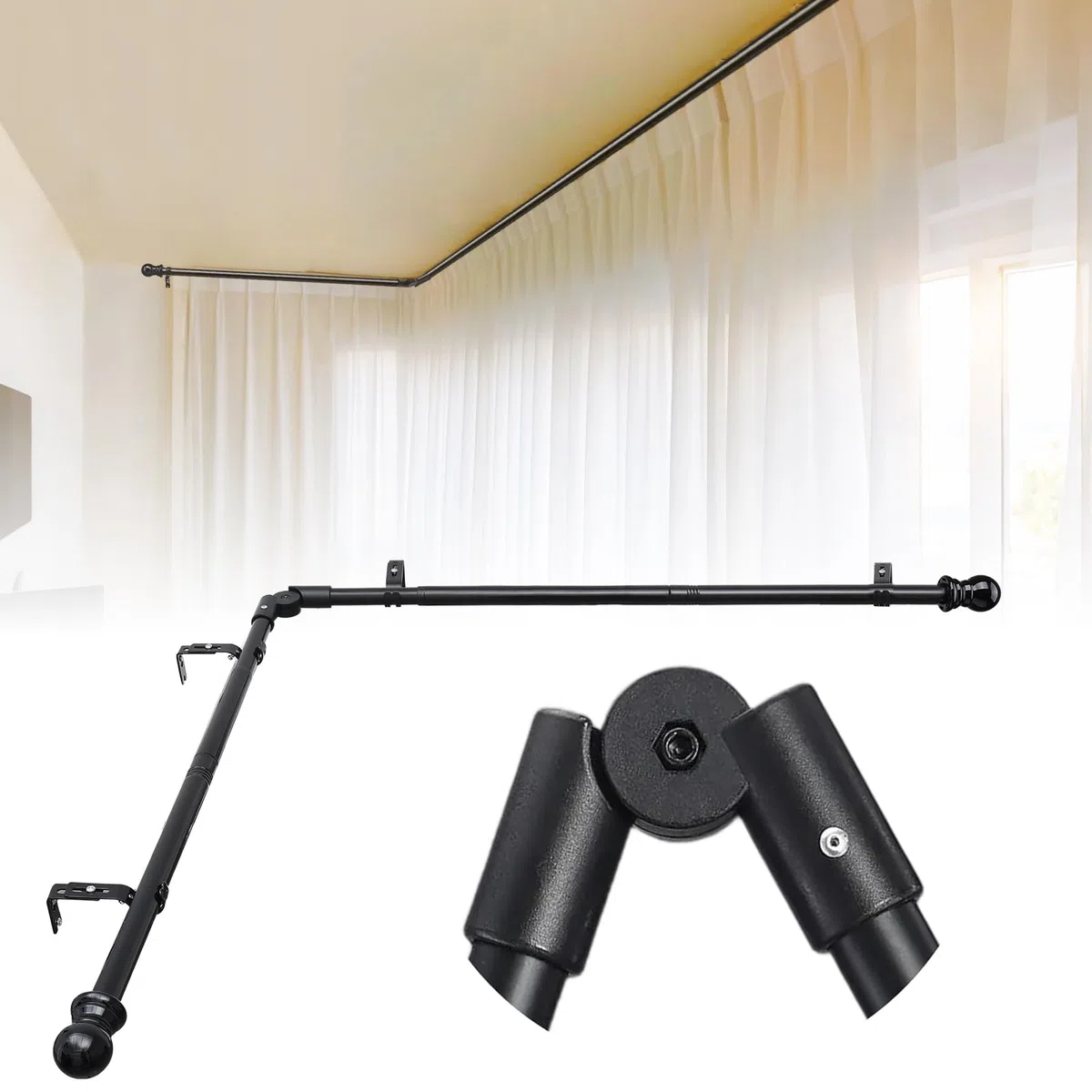 Barra de Cortina Ventana, 76-345cm Barra de Cortina en Forma de L Ajustable Juego de Accesorios de Acero Inoxidable, Barras de Cortina de 25mm Diámetro para Dormitorio, Sala de Estar/Negro Mate