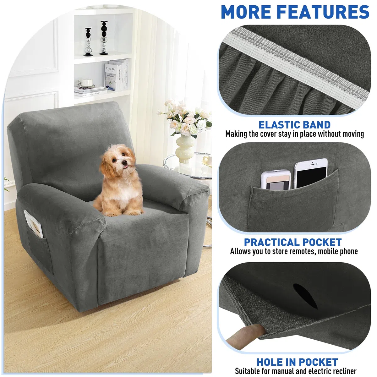 MAXIJIN Funda de Terciopelo para reclinable, 4 Piezas, Funda elástica de Felpa Suave para Silla reclinable, Gruesa y Suave, Funda separada para sillón reclinable con Bolsillo Lateral (reclinable,