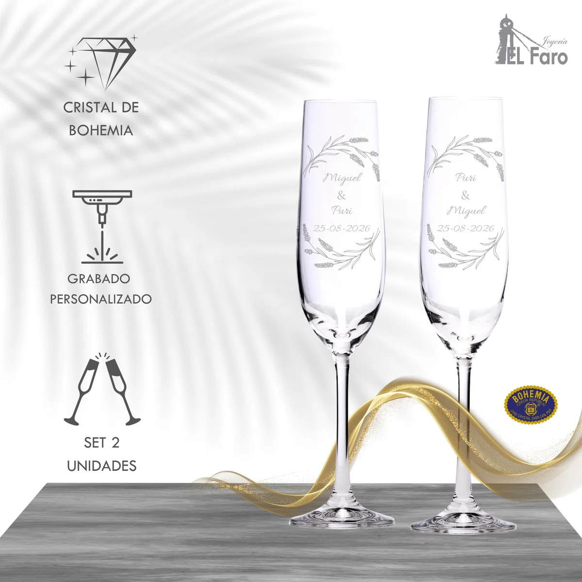 JOYERIA EL FARO | Copas grabadas para novios | Copas personalizadas para bodas | Cristal de Bohemia de alta resistencia | Estuche premium incluido | Brinda y celebra el amor (Ramitas)